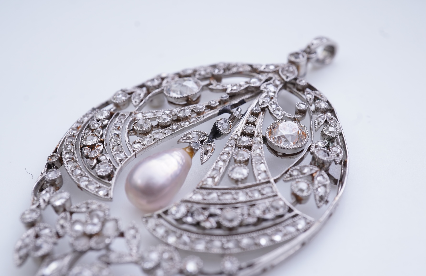 A fine Belle Epoque natural pearl and diamond pendant, circa 1910